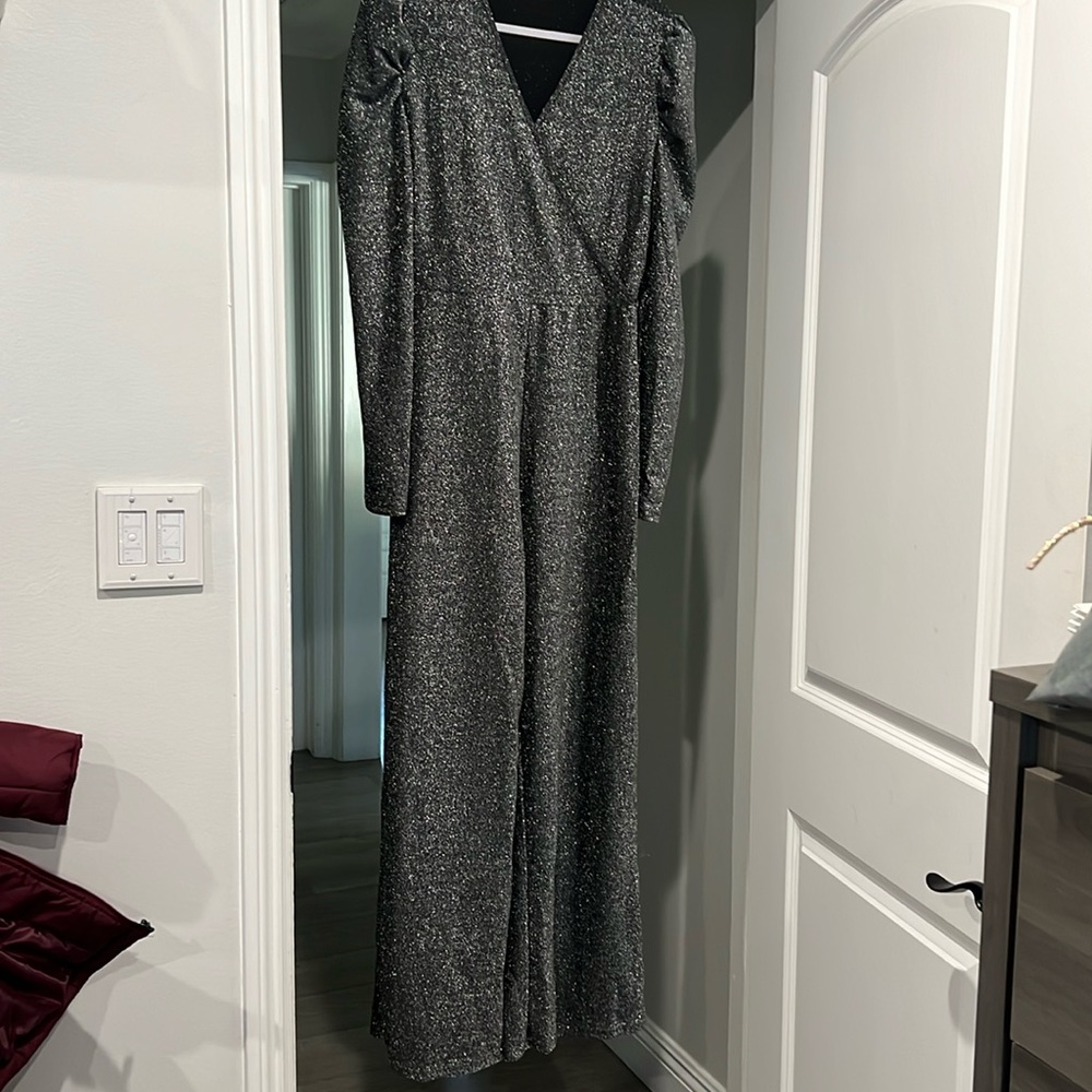 Sparkly Deep V-Neck Jumpsuits Long Sleeve High Waisted Wide Leg Pants with Belt